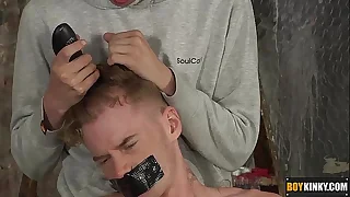 Sebastian is unsystematically obtain his head shaved and face fucked